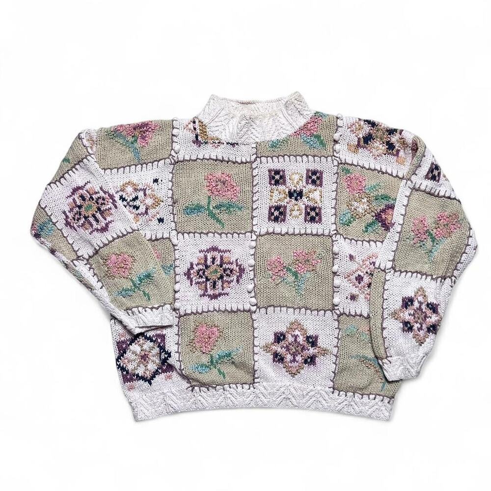 Tiara International 90s Vintage Floral Patchwork Quilt Knit Grandma Sweater L